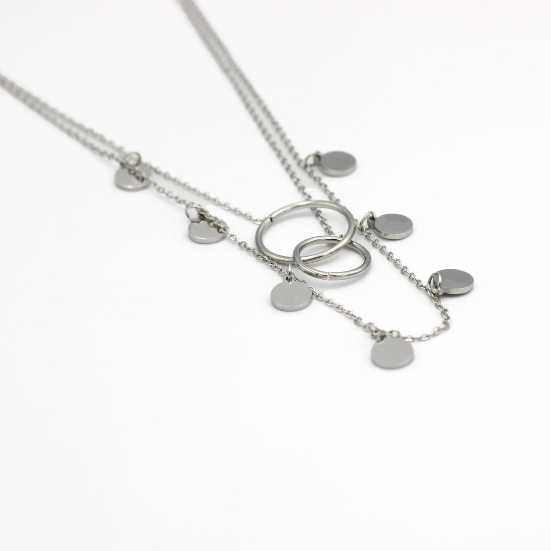 Molly Double Layered Small Disc Silver Color Fashion Necklace